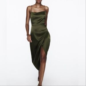 Zara Olive Green Satin Midi Dress with Side Slit